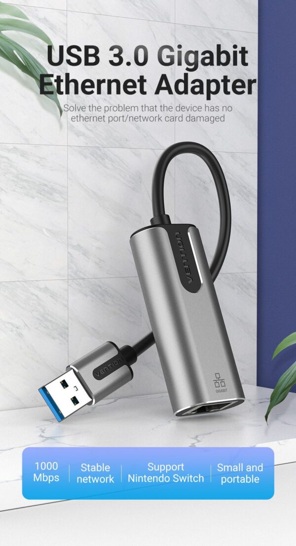 Vention USB 3.0-A To Gigabit Ethernet Adapter Gray 0.15m Aluminum Alloy Type (VEN-CEWHB)