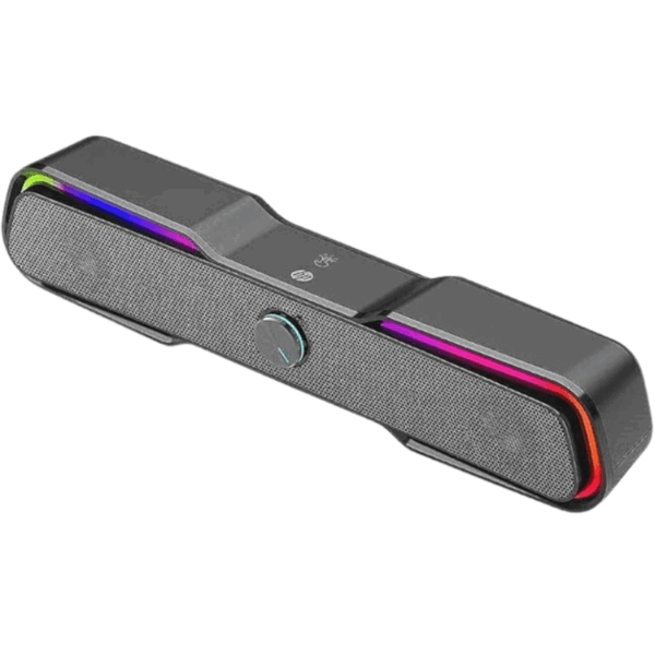 HP DHE-6002 Wired Speaker 3.5mm AUX Connectivity Surround Sound PC and Phone Compatible Easy Volume Controls Touch-Controlled RGB Lighting - Black