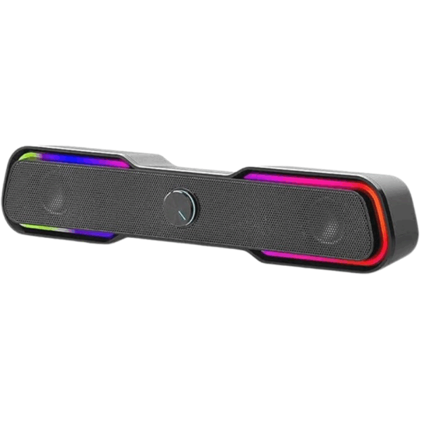 HP DHE-6002 Wired Speaker 3.5mm AUX Connectivity Surround Sound PC and Phone Compatible Easy Volume Controls Touch-Controlled RGB Lighting - Black